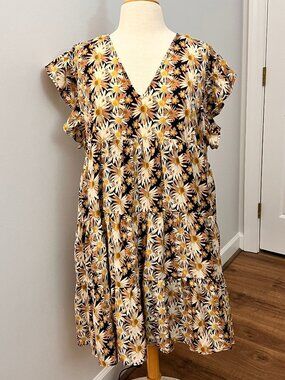 NEW Entro Black Daisy floral ruffle v-neck Mini Dress Sz 1X